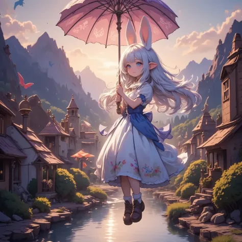 A witch woman floats in the air with a giant umbrella that floats in the sky with the power of magic, and a mysterious geometric pattern is drawn on the surface of the umbrella. She clings to the umbrella while looking down at a Western castle town between...