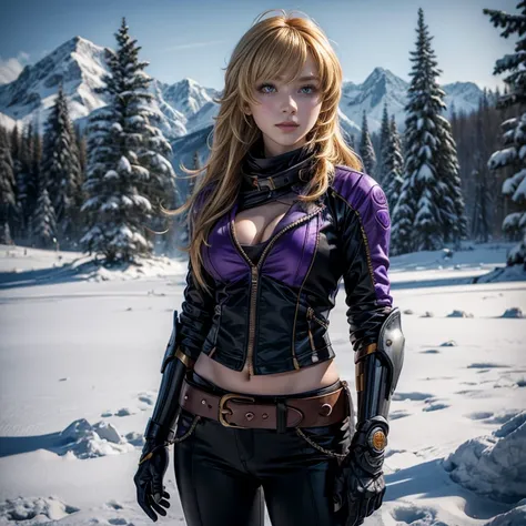 yangxiaolong, yang xiao long, smiling, long hair, blonde hair, (purple eyes:1.3), ahoge, bangs, BREAK cleavage, jacket, black pants, belt, mechanical arms, single mechanical arm, prosthesis, prosthetic arm, BREAK standing in field, standing next to militar...