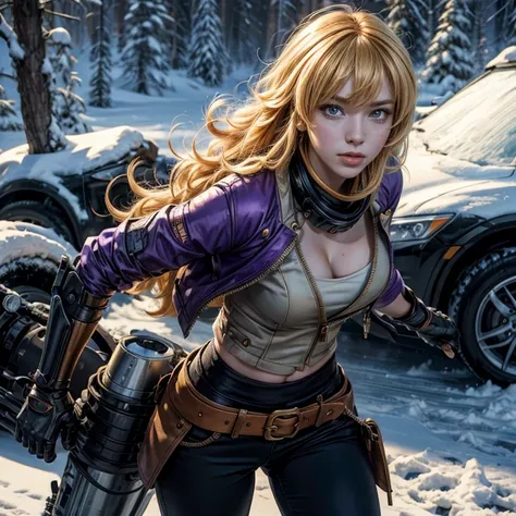 yangxiaolong, yang xiao long, smiling, long hair, blonde hair, (purple eyes:1.3), ahoge, bangs, BREAK cleavage, jacket, black pants, belt, mechanical arms, single mechanical arm, prosthesis, prosthetic arm, BREAK standing in field, standing next to militar...