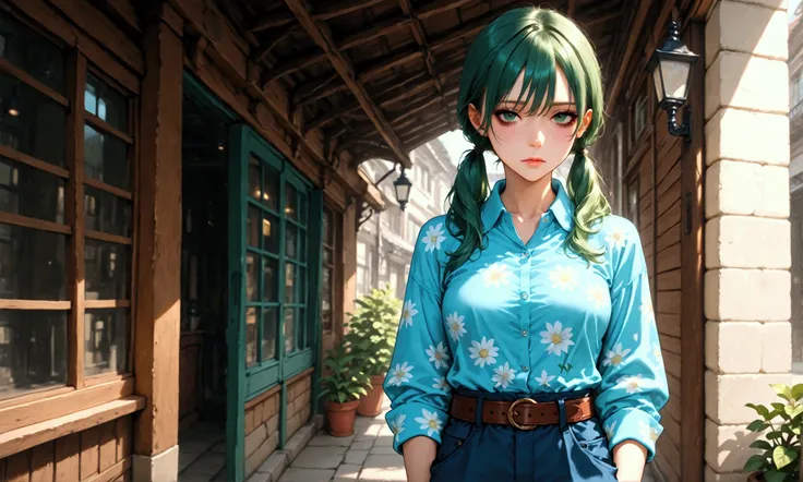 1girl, solo, shirt, twintails, green_hair, belt, floral_print, outdoors, blue_shirt, pants, looking_at_viewer, collared_shirt, long_sleeves, day, cowboy_shot, green_eyes, building, low_twintails, lips, closed_mouth, brown_belt, breasts, long_hair, middle_a...