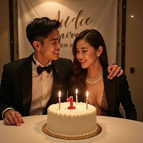  1st Anniversary celebration dinner of a Korean woman and a handsome young Asian man,  dressed in fancy clothes ,  The woman wore a necklace with pearls on her point ,  Very realistic UHD picture , fun and cheerful .   The two men face the camera .   The m...