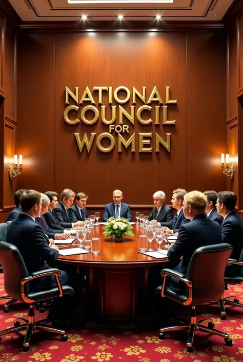 The National Council for Women meets in a luxurious office and the name appears on the back wall in bold 3D gold " Emad Alshayeb 2025 ".