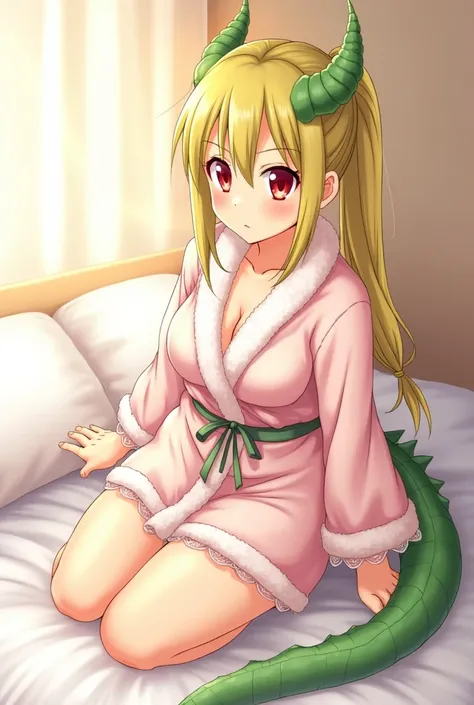 Character Tohru from the anime Miss Kobayashi's Dragon Maid: A young woman with a dragon-like appearance, featuring long blonde-green hair tied in a loose side braid. She has bright red eyes with reptilian pupils and small curved horns protruding from the ...