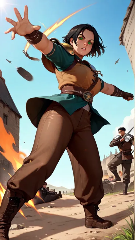 woman, green-eyed,  short black hair, wearing a warrior shoulder pad ,  brown leather pants,  fighting on a Battlefield, battle pose . Low-Angle Tracking Shot (Low Tracking)