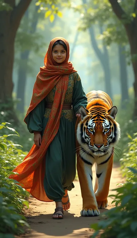 A girl in a hijab walks accompanied by a tiger