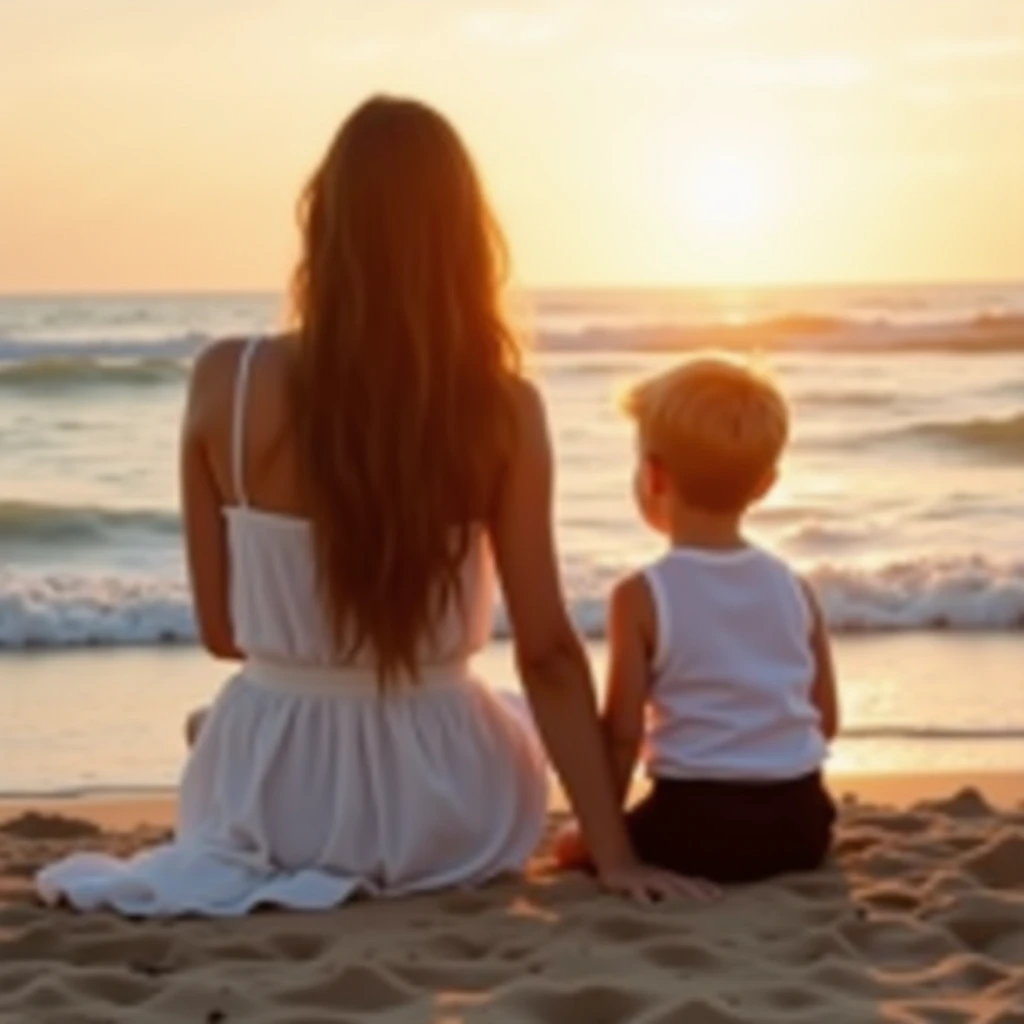 A woman with long brown hair is wearing a white dress. Un homme au cheveux mi long brun porte un short noir et chemise blanche. Le petit garçon blond porte un short noir et une chemise blanche. They are sitting on the sand by the sea with the sunset 