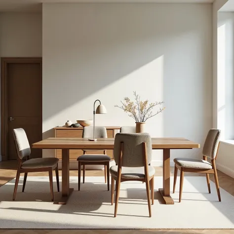 Objective: Generate a high-quality thumbnail image for the "Dining" category of "URBANA Furniture" that clearly showcases dining furniture crafted from wood and fabric, blending modern style with craftsmanship. The furniture should be the focal point, with...