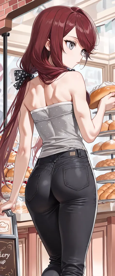 score_9, score_8_up, score_7_up, 1girl, solo, back view, ass, walking, looking at pastry, holding pastry with both hsnds, low twin tails, gray eyes, dark red hair,  (((long swept bangs))), thin, close up, small breasts, slightly toned arms, (((strapless)))...