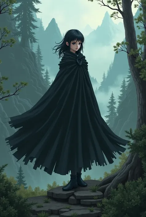 fantasy art of an animated heavy black cape worn by a girl with elongated eyes, in a forest high on a mountain, detailed,  high resolution Emily ,  1girl , Alone, Red red horns 