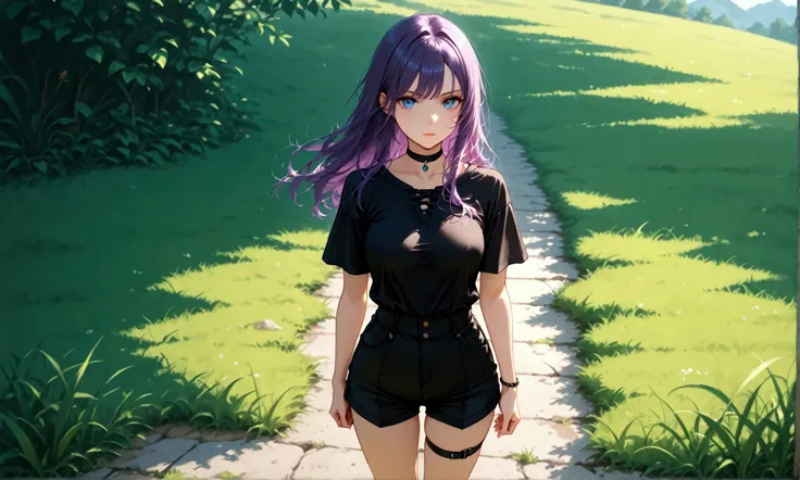 solo, 1girl, looking_at_viewer, standing, long_hair, purple_hair, choker, outdoors, blue_eyes, closed_mouth, grass, shirt, bangs, shorts, thigh_strap, black_choker, black_shirt, medium_breasts