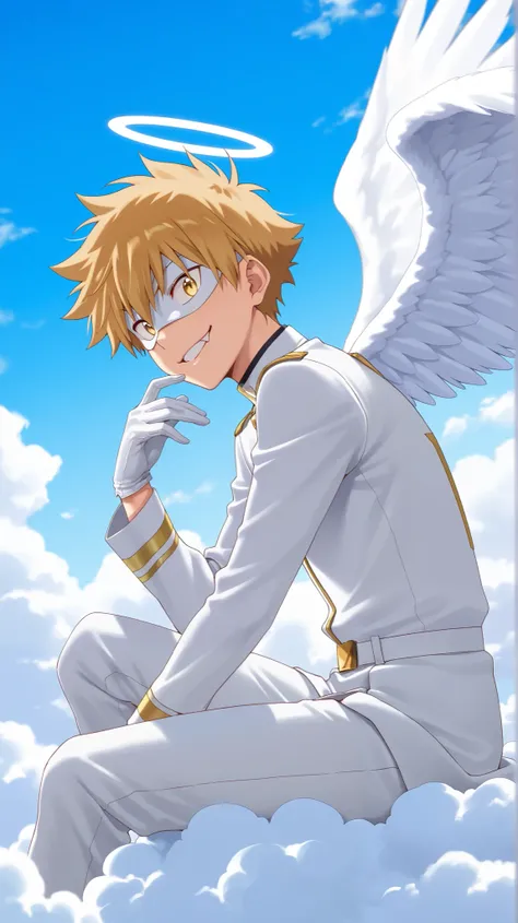 Full pure White hero masked men anime, solo, male focus,white angle uniform,white mask,white eye mask,glove,angel,1boy,mysterious grin,fang out,male focus,big white angel wing,angel halo,golden eyes,day sky clouds heaven bankground,Pretentious pose,stylish...
