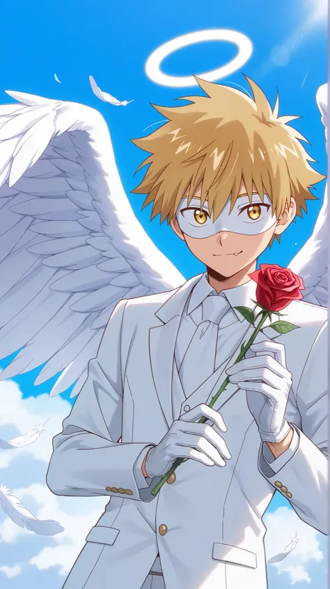 Full pure White hero masked men anime, solo,white suit,white eye mask,gloves,angel,1boy,mysterious grin,fang out,male focus,big white angel wing,angel halo,golden eyes,day sky clouds heaven background,inuzuka shuu, blonde,male focus,playful,white feathers ...