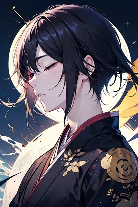   boy、Onmyoji、、   black hair、  HD,   is anatomically accurate ,   shortcuts,   closed eyes  , Solemn,   glitter effect ,   anime style,  full moon