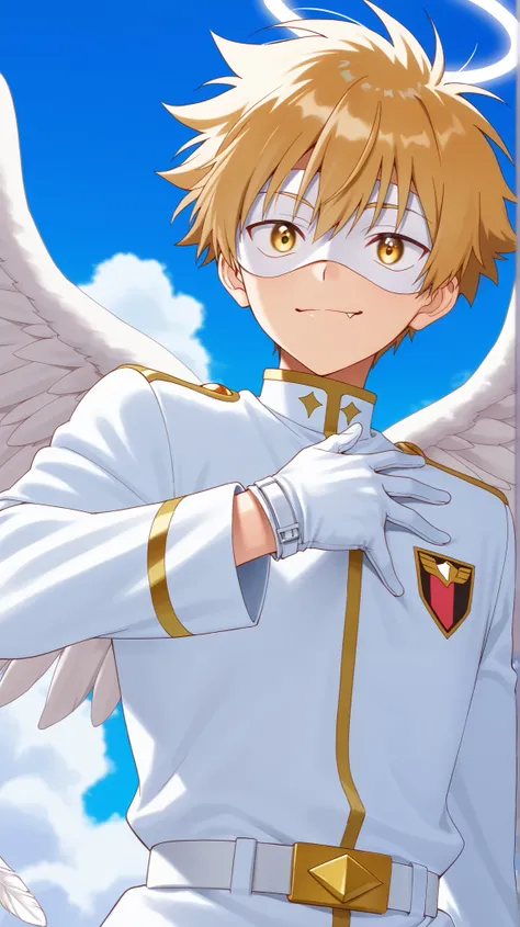 Full pure White hero masked men anime, solo,white angel uniform,white mask,white eye mask,white belt,glove,angel,1boy,mysterious grin,fang out,male focus,big white angel wing,angel halo,golden eyes,day sky clouds heaven background,inuzuka shuu, blonde,male...