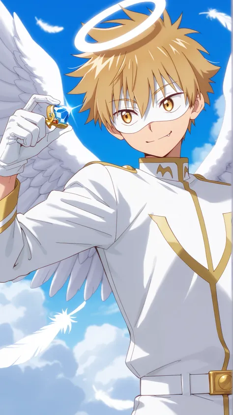 Full pure White hero masked men anime, solo,white angel uniform,white mask,white eye mask,white belt,glove,angel,1boy,mysterious grin,fang out,male focus,big white angel wing,angel halo,golden eyes,day sky clouds heaven background,inuzuka shuu, blonde,male...