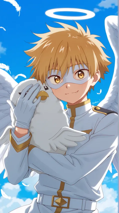 Full pure White hero masked men anime, solo,white angel uniform,white eye mask,white belt,gloves,angel,1boy,mysterious grin,fang out,male focus,big white angel wing,angel halo,golden eyes,day sky clouds heaven background,inuzuka shuu, blonde,male focus,pla...