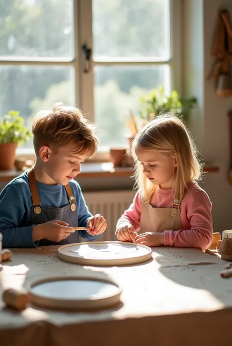 Dans un atelier d'art lumineux, un garçon et une fille de 10 ans sont assis autour d'une table beige. La table est couverte d'une nappe blanche sur laquelle repose de la pâte de céramique blanche.

Le garçon, aux cheveux châtains, porte un tablier bleu sur...