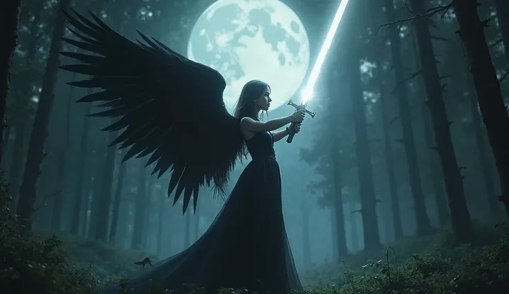 an angel girl with black wings in a long black dress holds a sword raised up in her hand, brightly glowing with voluminous white light in the forest at night on a full moon, realistic mysticism