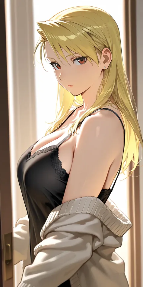 Masterpiece, elegant mature woman, riza hawkeye, long hair, tall body, open cardigan, camisole, upper body, dynamic lighting, ultra detailed, highres, absurdres, home,  fullmetal alchemist style, stunning visual cg, looking at viewer