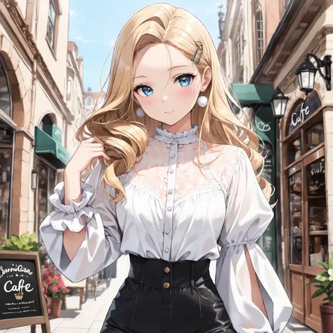 (((Masterpiece,best quality,aburdres))), a top influencer woman, top quality, ultra-detailed, sweet and sophisticated, classic style, fair skin, long curly blonde hair in hair clip, white lace crop top with puff sleeves, white high waist button up shorts, ...