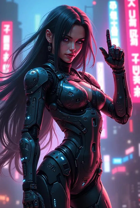 A highly detailed, ultra-realistic full-body illustration of a girl with long, flowing hair wearing an advanced futuristic mech suit with intricate cybernetic enhancements and glowing technological elements. Her face shows a hint of madness, with intense e...