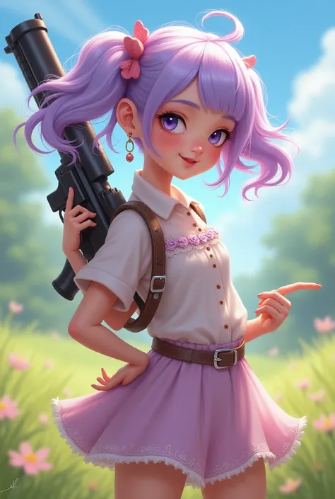 I would like a cute little purple girl with a gun on her back doing a pretty pose 
