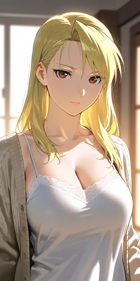 Masterpiece, elegant mature woman, riza hawkeye, long hair, tall body, open cardigan, camisole, upper body, dynamic lighting, ultra detailed, highres, absurdres, home,  fullmetal alchemist style, stunning visual cg, looking at viewer