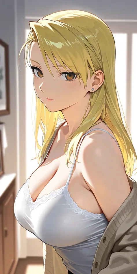 Masterpiece, elegant mature woman, riza hawkeye, long hair, tall body, open cardigan, camisole, upper body, dynamic lighting, ultra detailed, highres, absurdres, home,  fullmetal alchemist style, stunning visual cg, looking at viewer