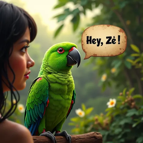  Green parrot looking at a woman. Balão de Fala em PT BR do Papagaio, With the following speech "Hey Zé !!" (realistic)