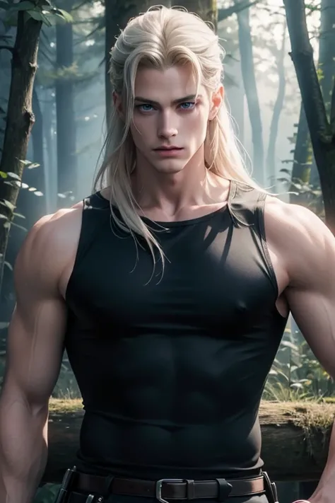 ((Best quality)), ((masterpiece)), (detailed), ((perfect face)), ((halfbody)) perfect proportions, a handsome man, 30 years old, Caucasian, mature looking, square face, calm and dangerous, he has long white hair, He is dangerous, lean body, he has blue eye...