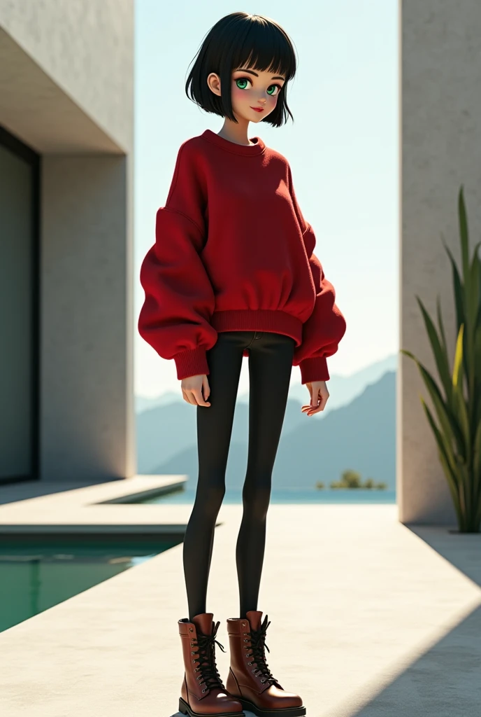 Create for me a slightly tanned, thin, tall girl with short black hair and green eyes, boots, and a big red sweater standing in a modern villa 