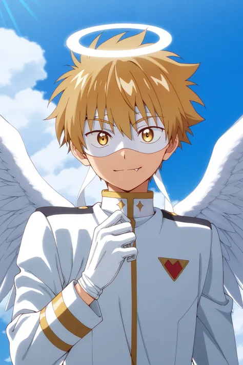 Full pure White hero masked men anime, solo,white angel uniform,white mask,white eye mask,glove,angel,1boy,mysterious grin,fang out,male focus,big white angel wing,angel halo,golden eyes,day sky clouds heaven background,inuzuka shuu, blonde,male focus,play...