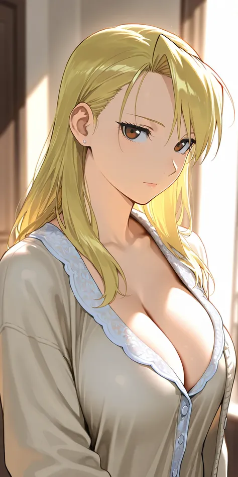 Masterpiece, elegant mature woman, riza hawkeye, long hair, tall body, open cardigan, very tight pajamas, upper body, dynamic lighting, ultra detailed, highres, absurdres, home,  fullmetal alchemist style, stunning visual cg, looking at viewer