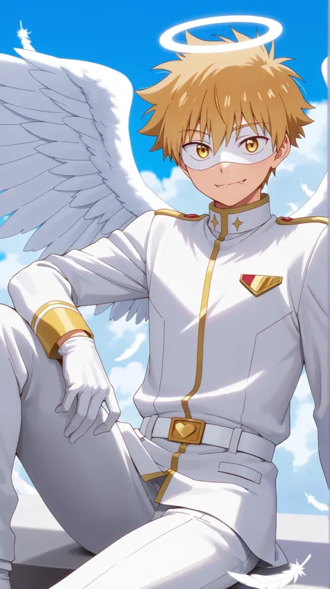 Full pure White hero masked men anime, solo,white angel uniform,white mask,white eye mask,white belt,gloves,angel,1boy,mysterious grin,fang out,male focus,big white angel wing,angel halo,golden eyes,day sky clouds heaven background,inuzuka shuu, blonde,mal...