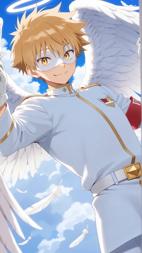 Full pure White hero masked men anime, solo,white angel uniform,white mask,white eye mask,white belt,gloves,angel,1boy,mysterious grin,fang out,male focus,big white angel wing,angel halo,golden eyes,day sky clouds heaven background,inuzuka shuu, blonde,mal...