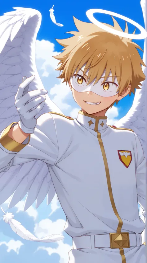 Full pure White hero masked men anime, solo,white angel uniform,white mask,white eye mask,white belt,gloves,angel,1boy,mysterious grin,fang out,male focus,big white angel wing,angel halo,golden eyes,day sky clouds heaven background,inuzuka shuu, blonde,mal...