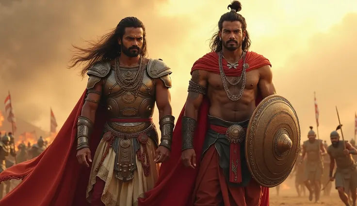 "A powerful scene from the Mahabharata showing Duryodhana and Karna standing side by side, both in full armor, exuding strength and confidence. Duryodhana's expression is intense and commanding, as he watches the battlefield, while Karna stands beside him ...