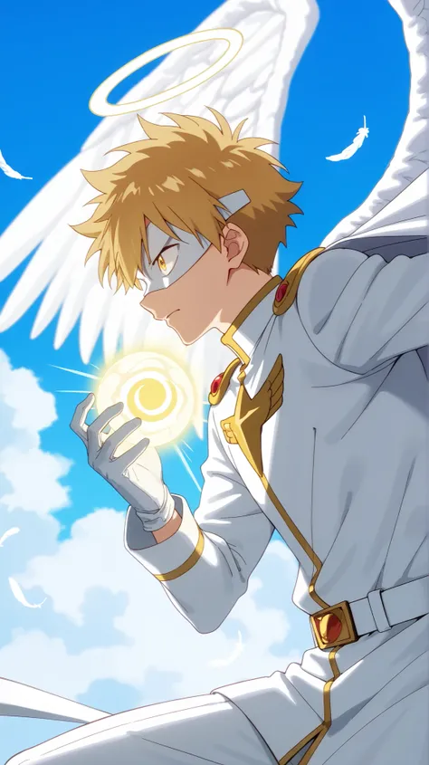 Full pure White hero masked men anime, solo,white angel uniform,white hero mask,white eye mask,glove,angel,1boy,white belt,male focus,big white angel wing,angel halo,golden eyes,day sky clouds heaven background,inuzuka shuu, blonde,male focus,white feather...