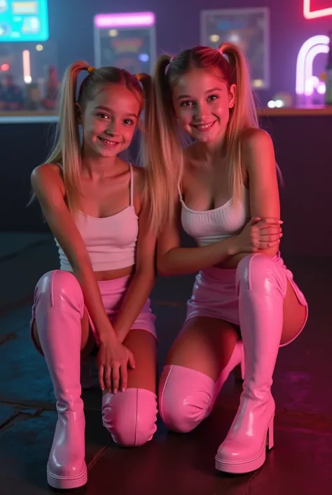 Top Quality, Masterpiece, High Resolution, 8k, photorealistic, top down view, two very young teens on knees, age 14, blonde with tight pigtails, sexy pose, cute face and smile, tight latex miniskirt, white crop top, tigh high babypink boots with very high ...