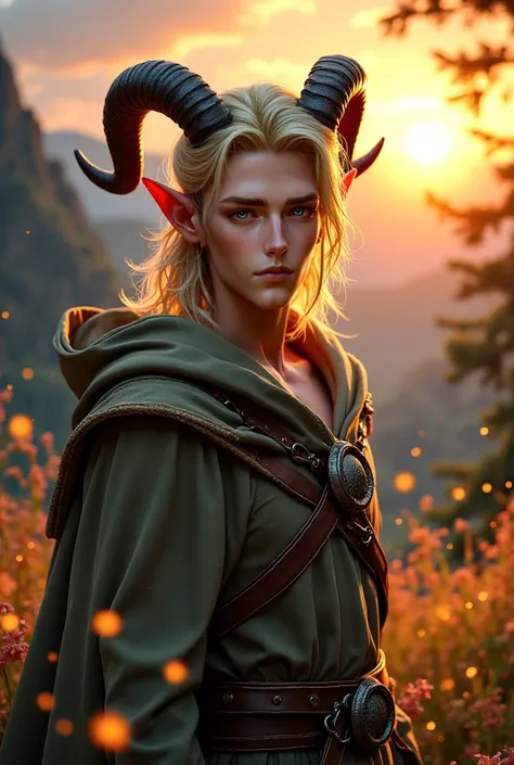  An elven man with light ram's horns , with wavy blond hair and intense blue eyes. serious face.  soft white skin , Look directly at the camera angrily. He is very attractive . lleva ropa medieval. The image is fantasy ,  It's the sunset . There are firefl...