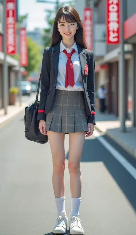 White Skin,  shortcuts,  Japanese High School Girls, black long sleeve blazer uniform. red ribbon.Professional photo wearing a black miniskirt,   thin legs,  long legs ,1 girl,  cute,  dark-haired, , smile,  looks pure,  photography,   is present ,  top qu...