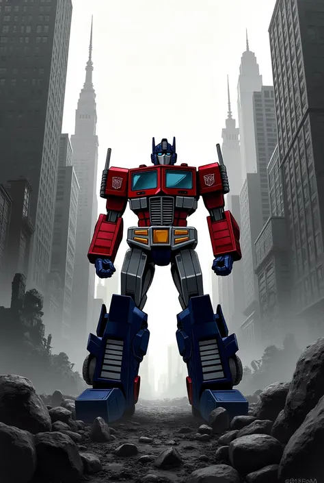 Make a wallpaper of optimus prime standing in a city all black and white