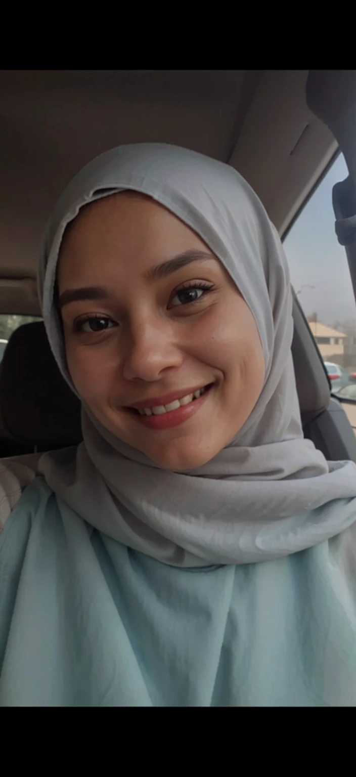 a close up of a woman in a car wearing a headscarf, slight cute smile, lovely smile, she is smiling, friedly smile, hijab, serena malyon, with a beautifull smile, siya oum, malaysian, slight smile expression, friendly smile, zenra taliyah, sweet smile, old...