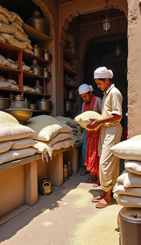 A traditional Rajasthani rice shop in an ancient market, filled with large sacks of Basmati rice. A young shop servant in traditional attire secretly handing over a bag of rice to an elderly woman at half price. The shop has wooden shelves, brass container...