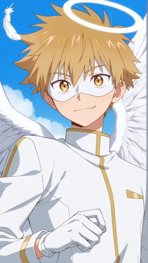 Full pure White hero masked men anime, solo,white jacket,white eye mask,gloves,angel,1boy,mysterious grin,fang out,male focus,big white angel wing,angel halo,golden eyes,day sky clouds heaven background,inuzuka shuu, blonde,male focus,playful,white feather...