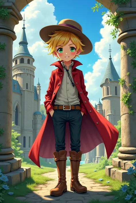  Blond-haired anime boy with green eyes with hat on his head ,  feet-length red gabardine , white shirt , black pants.  Long brown boots at knee height in the background a town made of ruins 