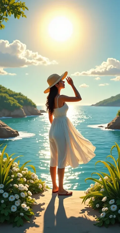 At the tip of the breakwater, a girl in a white dress wearing a straw hat raises her left hand and looks at the sun