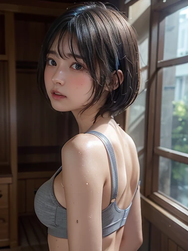 ( top quality, Masterpiece:1.3,  Ultra High Resolution),( very detailed, caustics,8k),( photorealistic:1.4,RAW shooting), 1 girl,( looking down at the camera ),( Front Shot:1.1),( facing forward ),(I can see a grey sports bra )),( small breasts:1.4),( clos...