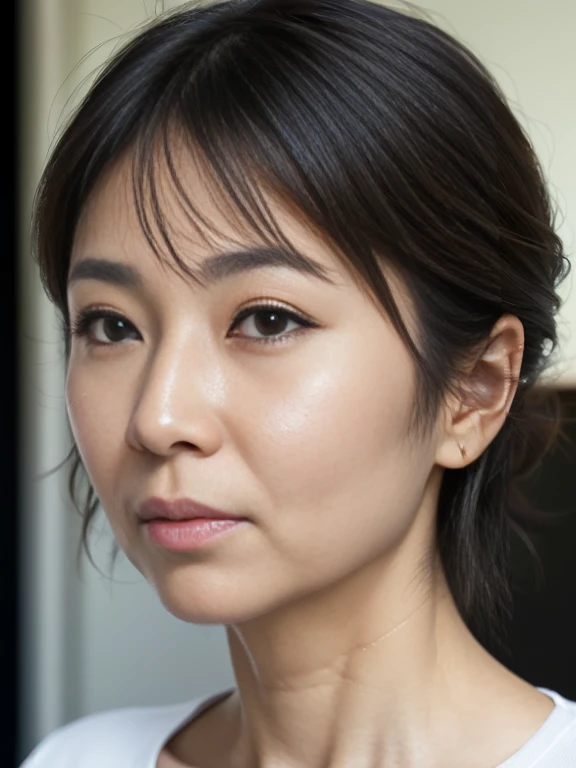 UHD, anatomically correct, textured skin, super detail, best quality, 8k、Close-up photo of an ordinary Japanese housewife 、(40 years old)、(Facial wrinkles:1.4)、 straight hair、 pixie cut hair、 focusing on her face、SparSe, uneven eyebrows, small, widely spac...