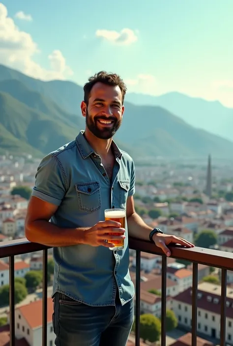 there is a man standing on a balcony holding a beer, a picture by Alejandro Obregón, reddit, realism, with a city in the background, with mountains in the background, with mountains in background, city in the background, moutain in background, town in the ...